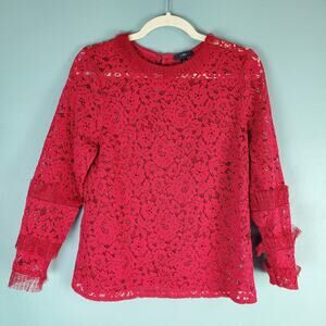 J. Crew Re-Imagined Red Lace Top With Tulle Ruffle Sleeve Detail Size Medium